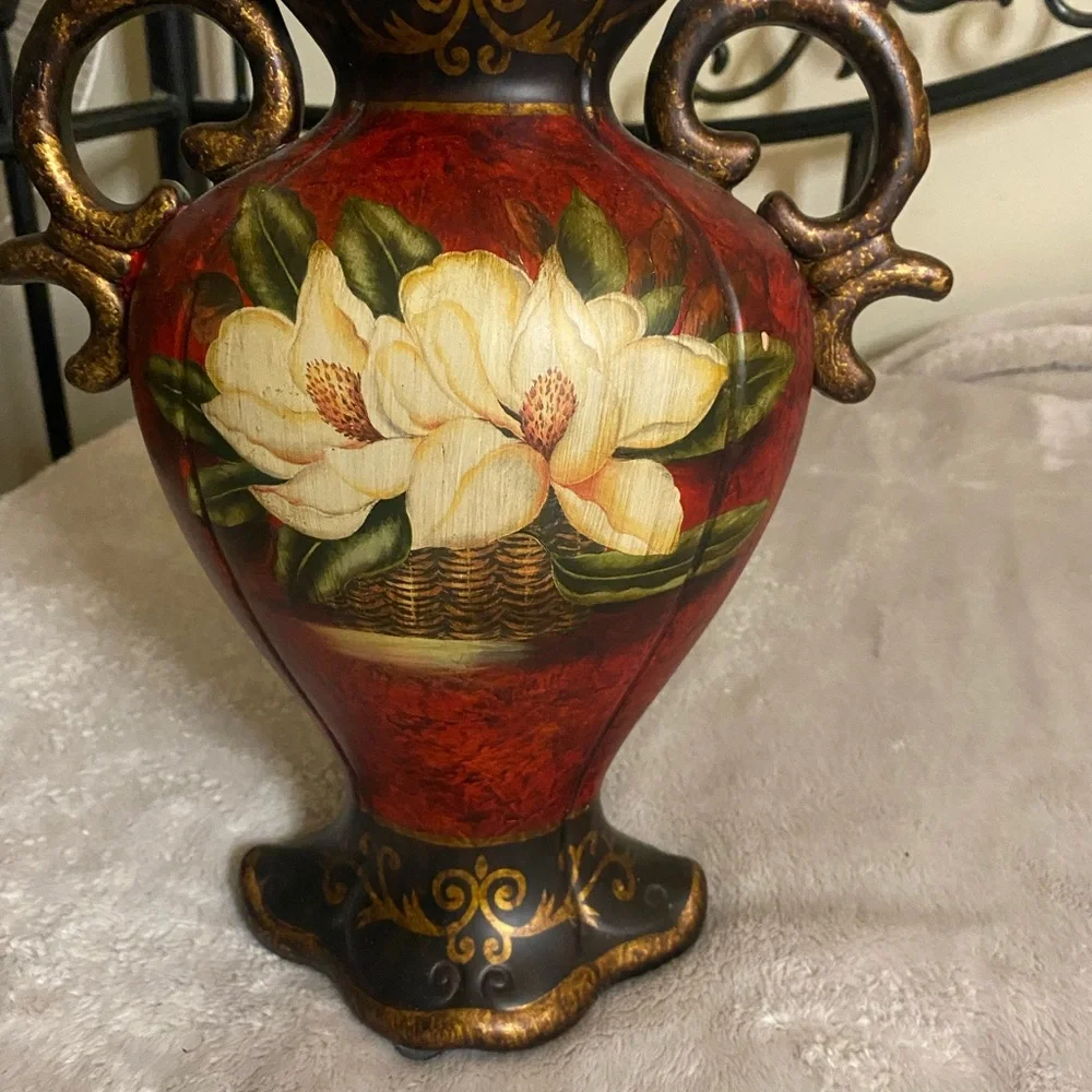 Elegant Red and Gold Floral Vase, pottery/clay/plaster? Great condition